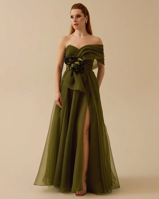 Strapless Maxi Evening Dress with Floral Appliqué in Organza Fabric – Green
