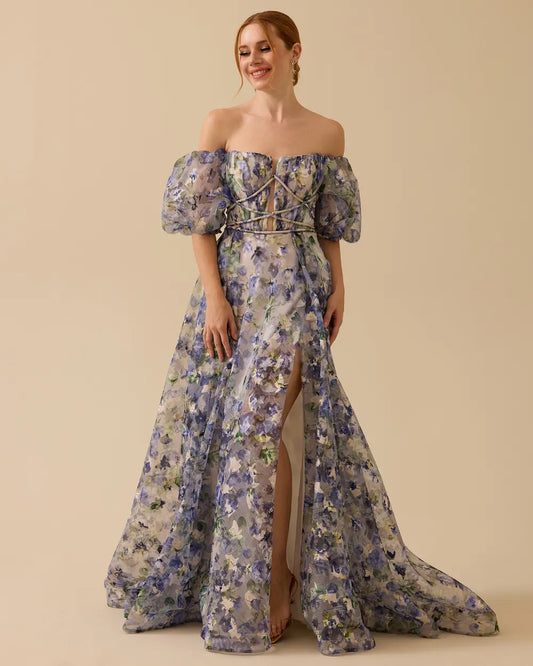 Off-Shoulder Balloon-Sleeve Slit Evening Dress