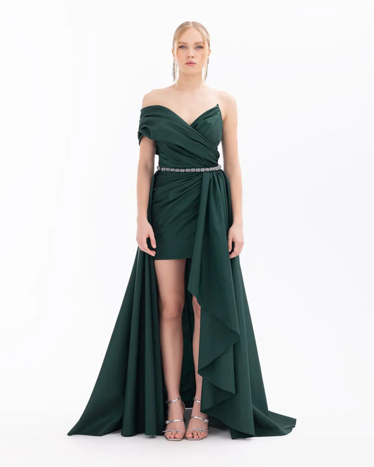 V-Neck Evening Dress with Detachable Skirt and Belt