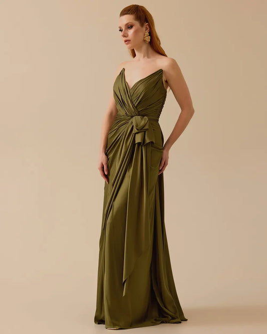 Draped Satin Maxi Evening Dress with High Slit – Khaki