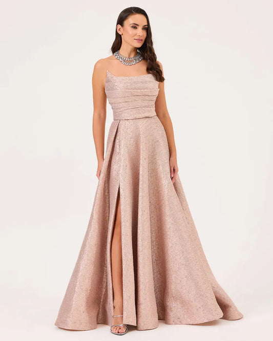 Strapless Jacquard Evening Dress with Slit