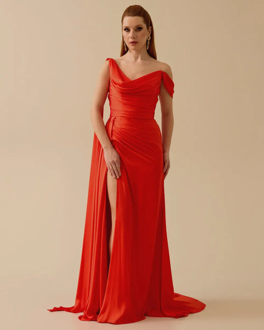 Draped Satin One-Shoulder Slit Evening Gown