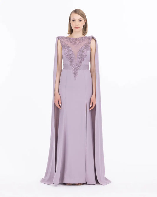 Crepe Evening Dress with Bead Accessories and Slit