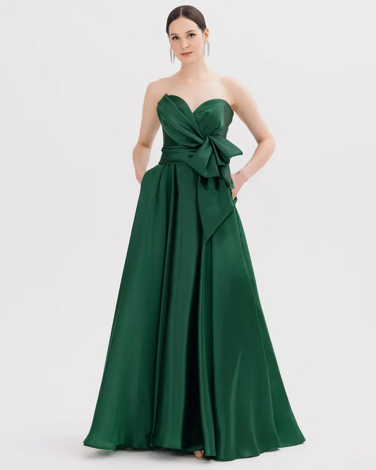 V-Neck Evening Dress with Detachable Skirt and Belt