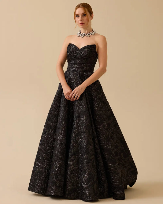 Strapless Jacquard Evening Dress with Pockets
