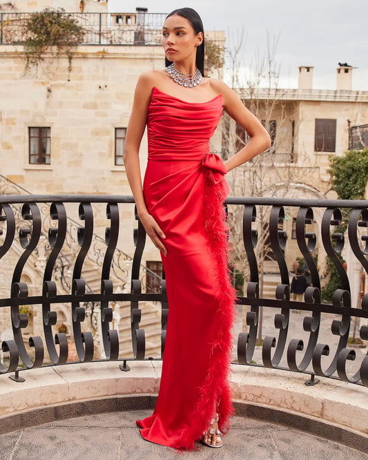 Strapless Evening Dress with Feather Detail and Slit