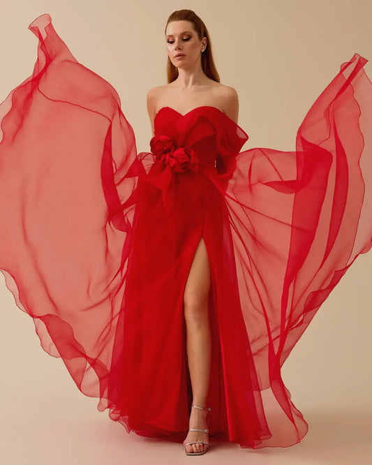 Strapless Organza Maxi Dress with Floral Appliqué & Slit – Red