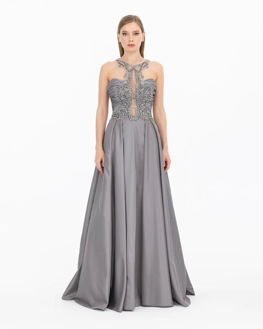 Sleeveless Maxi Evening Dress with Bead Accessories