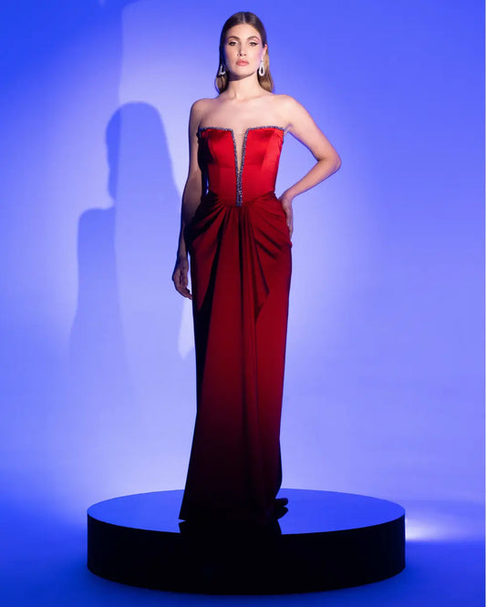 Strapless Satin Woven Bodycon Maxi Dress with Stone Accents – Red