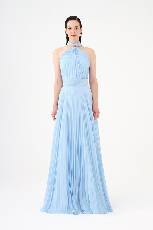 Brooch-Detail Halter Neck Pleated Long Evening Dress