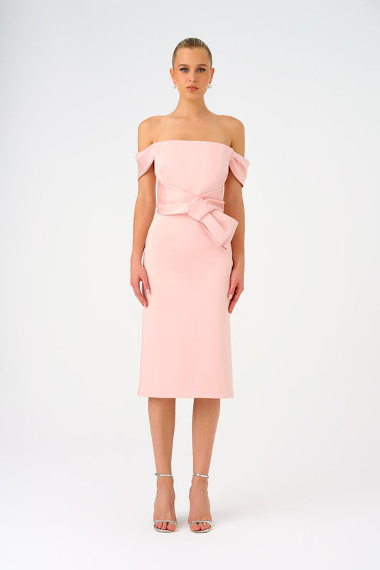 Off-Shoulder Strapless Satin Midi Dress
