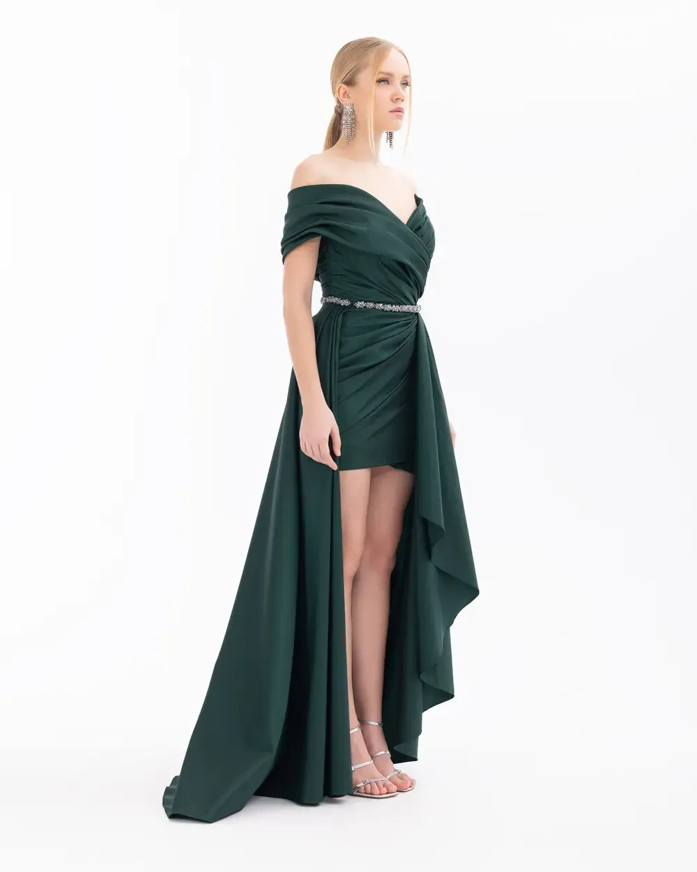 V-Neck Evening Dress with Detachable Skirt and Belt