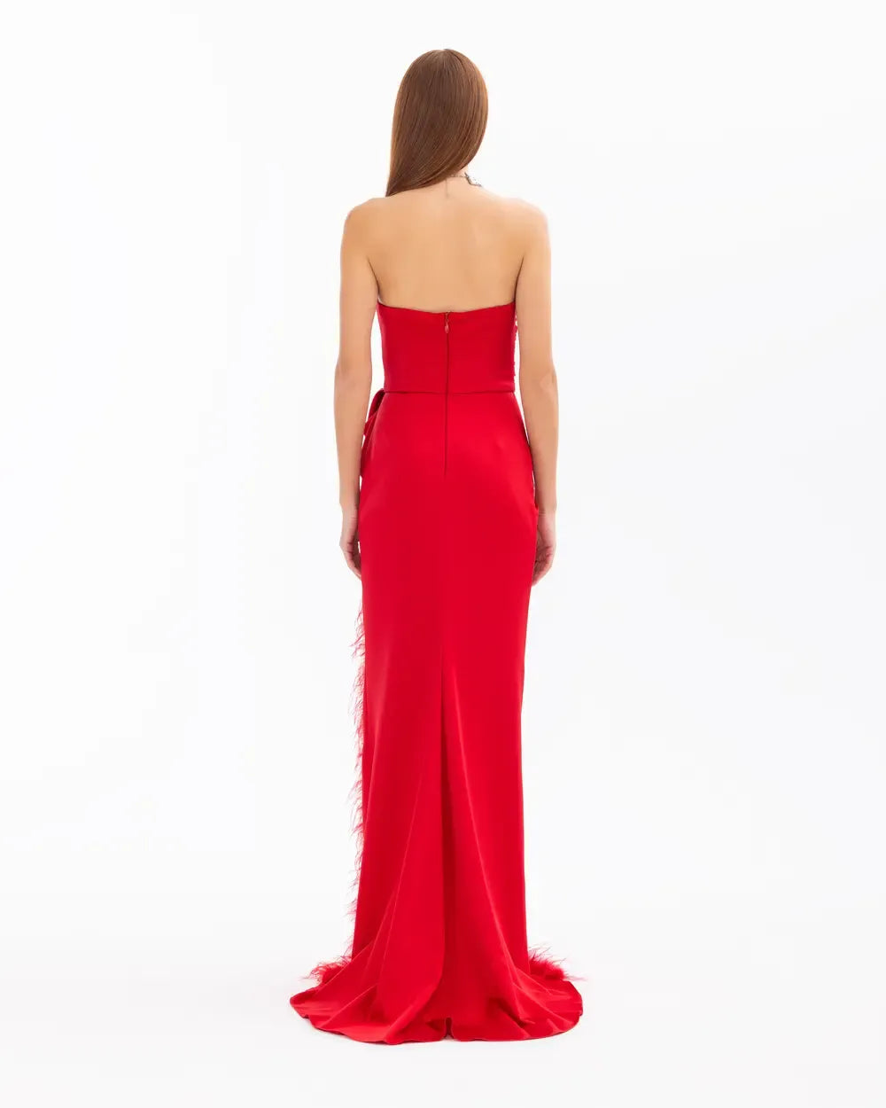 Strapless Evening Dress with Feather Detail and Slit