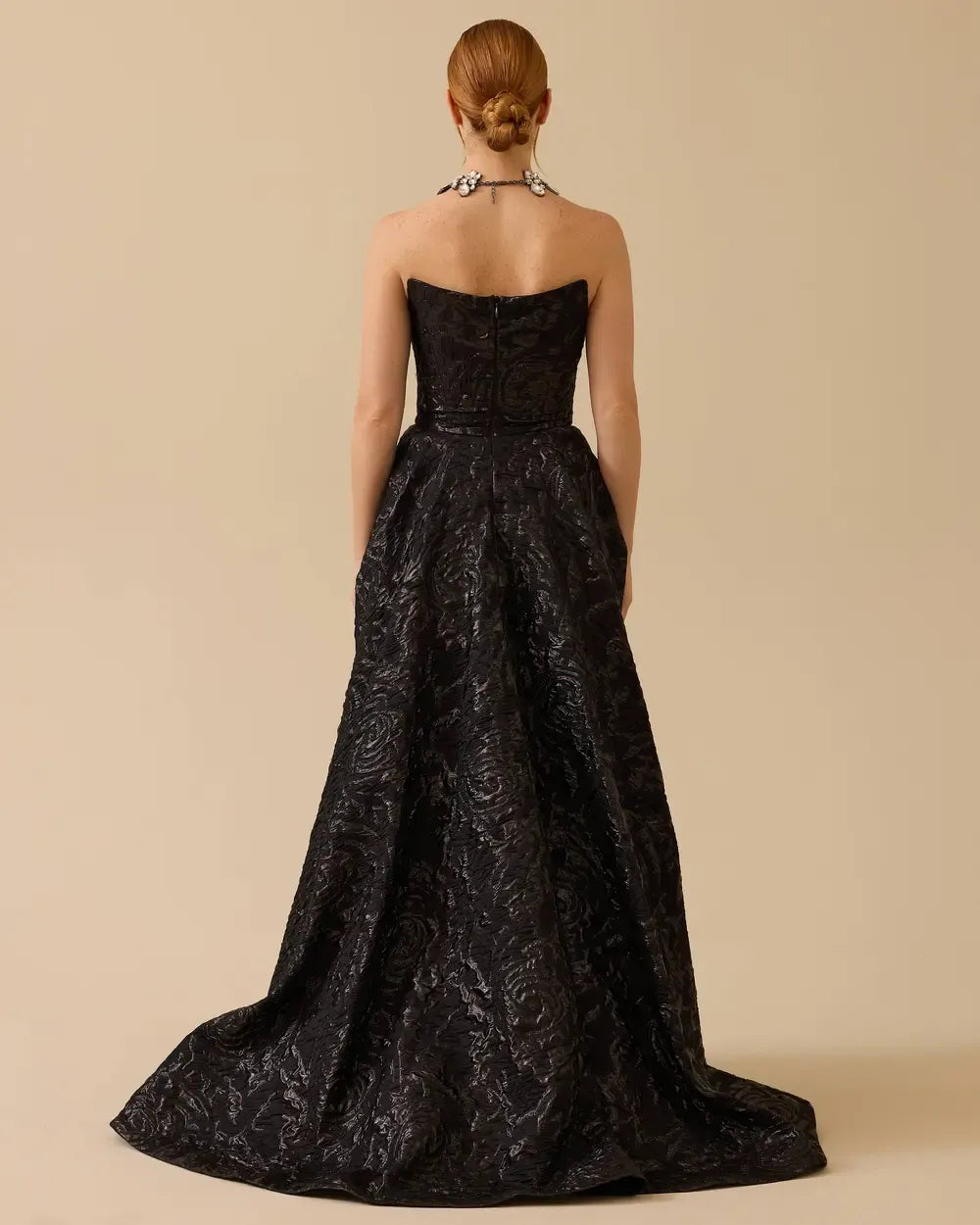 Strapless Jacquard Evening Dress with Pockets