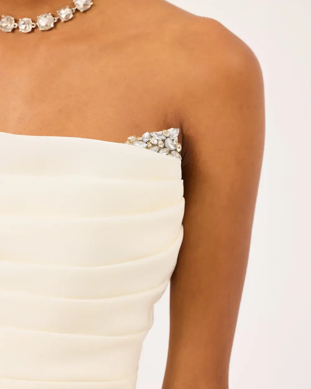 Organza Evening Dress with Bead Detail and Pleated Skirt