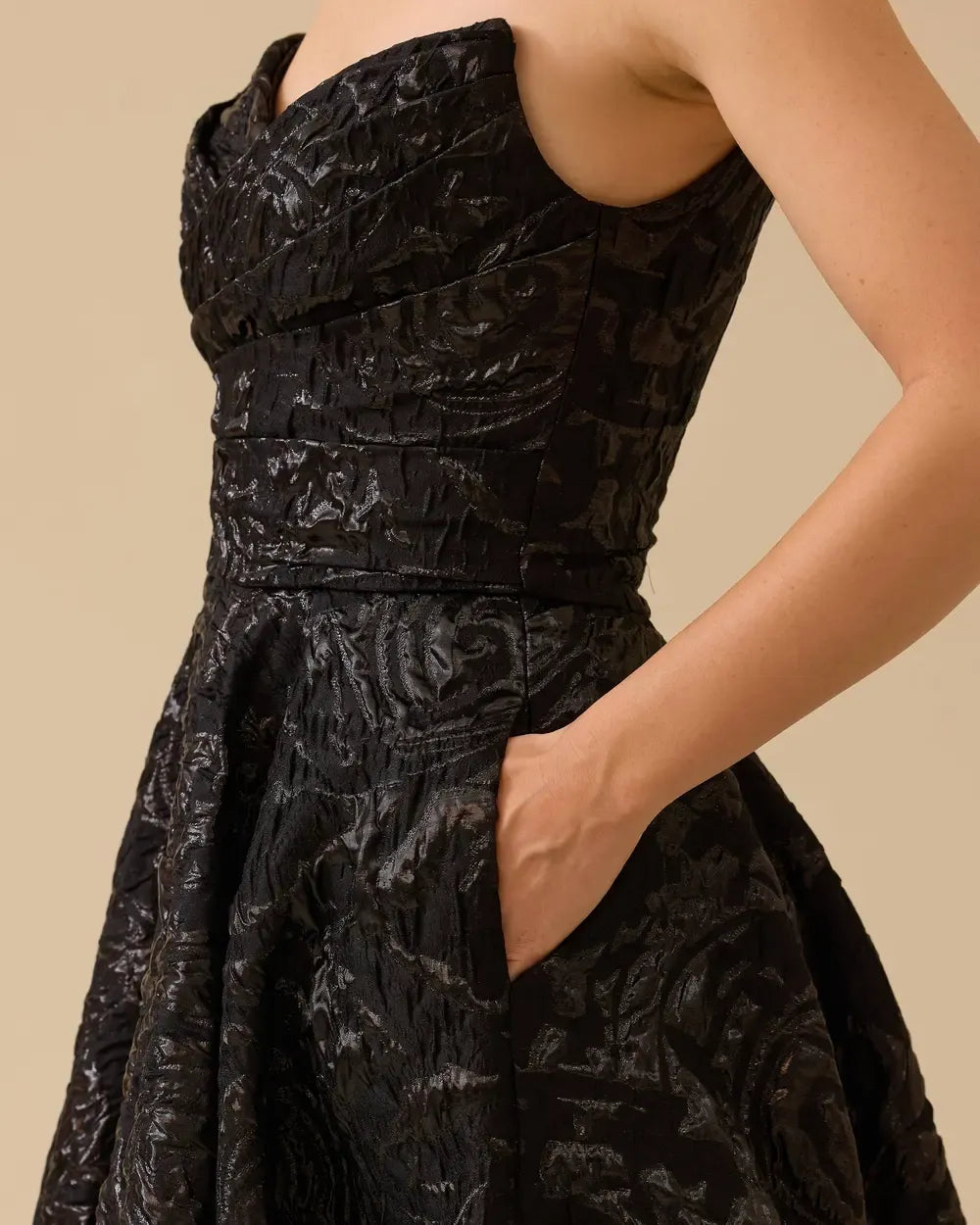 Strapless Jacquard Evening Dress with Pockets