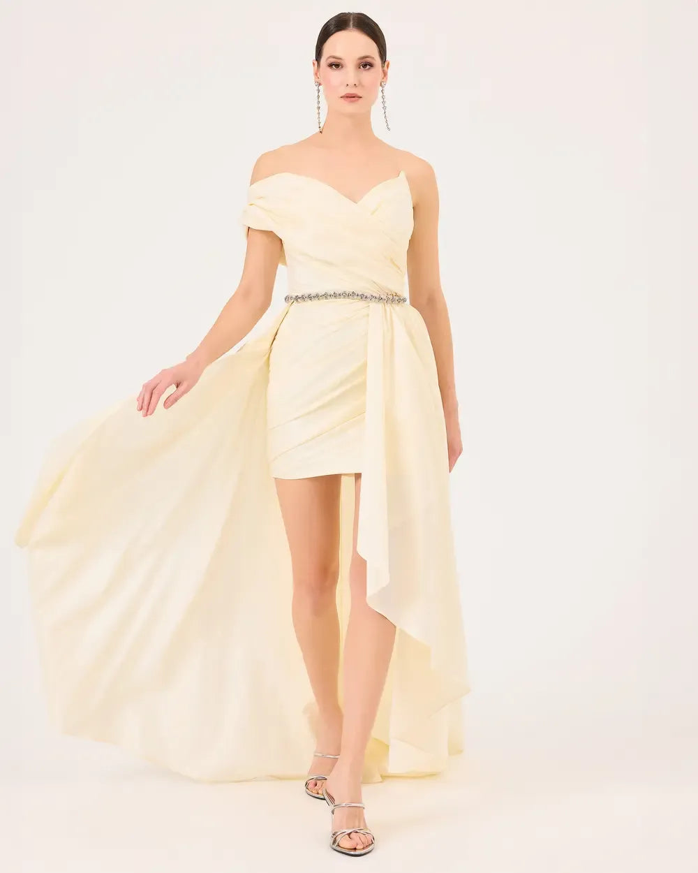 V-Neck Evening Dress with Detachable Skirt and Belt