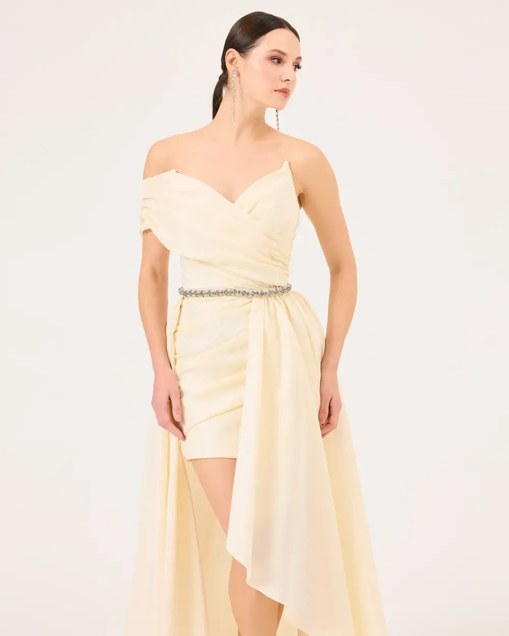V-Neck Evening Dress with Detachable Skirt and Belt