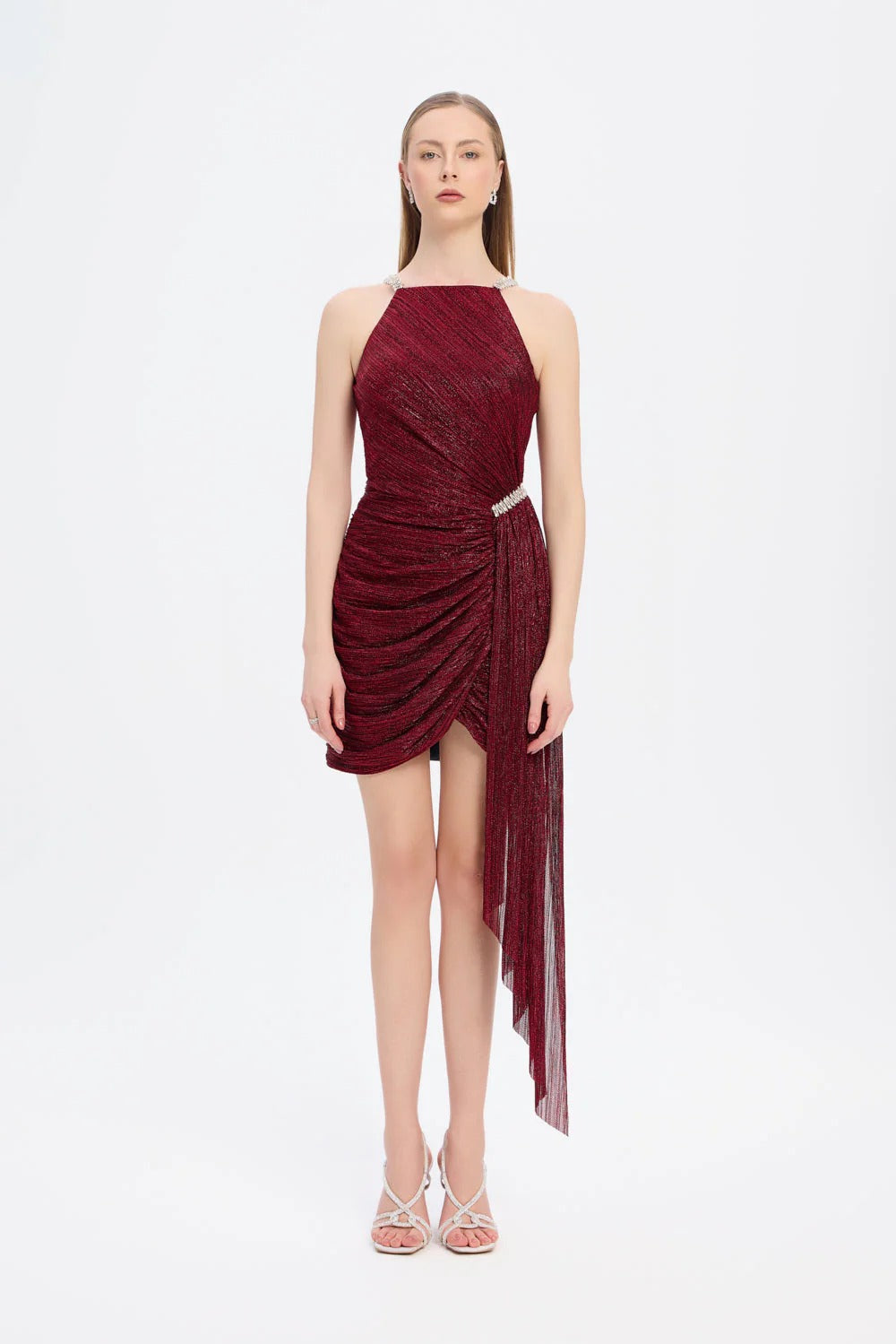 Embellished Draped Mini Evening Dress
