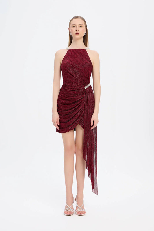 Embellished Draped Mini Evening Dress