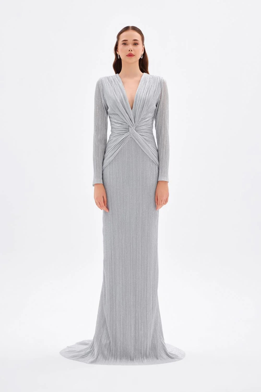 Long Glitter Evening Dress with V-Neck and Knot Detail