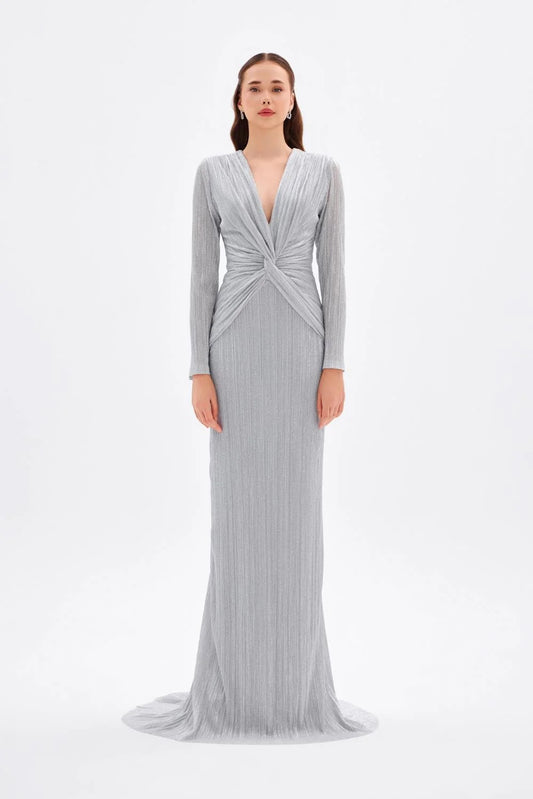 Long Glitter Evening Dress with V-Neck and Knot Detail