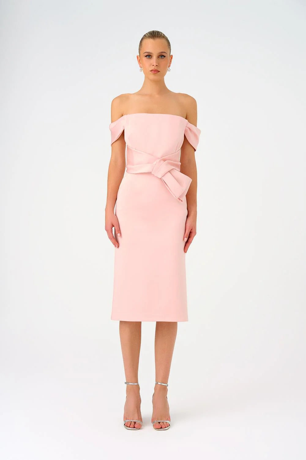 Off-Shoulder Strapless Satin Midi Dress