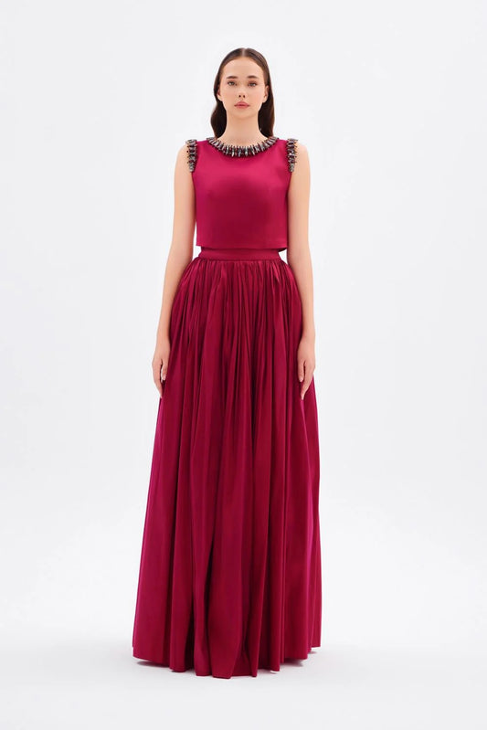 Long Taffeta Evening Dress with Embellished Details