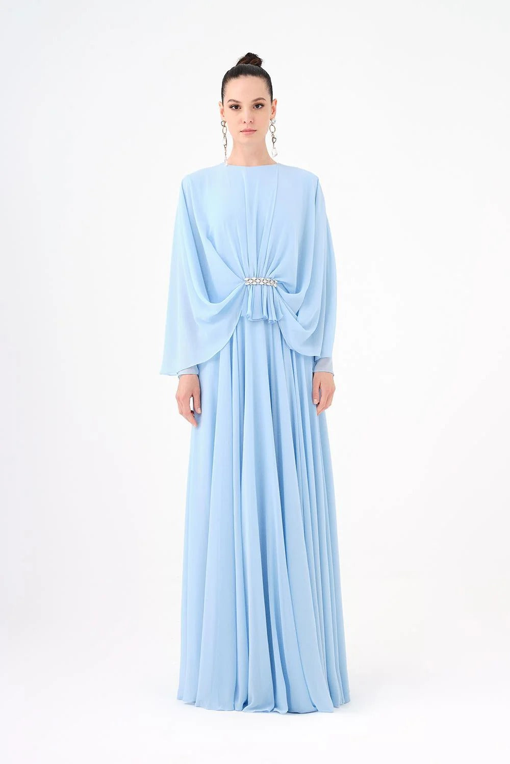 Long-Sleeve Chiffon Evening Dress with Embellished Details