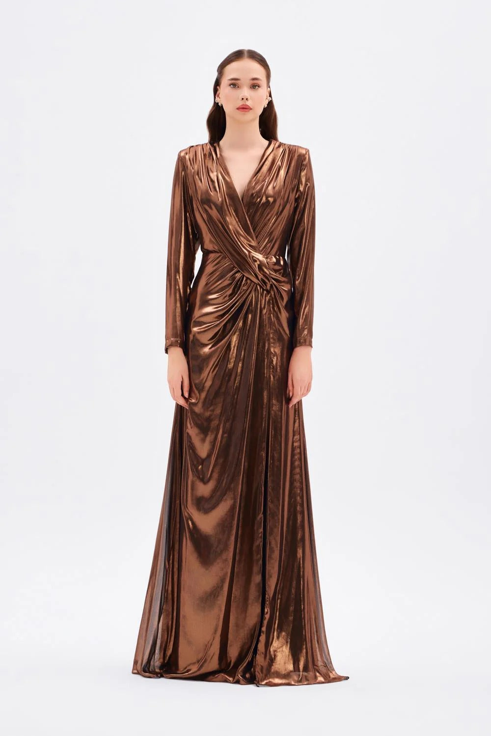 Long Sleeve V-Neck Ruched Maxi Evening Dress