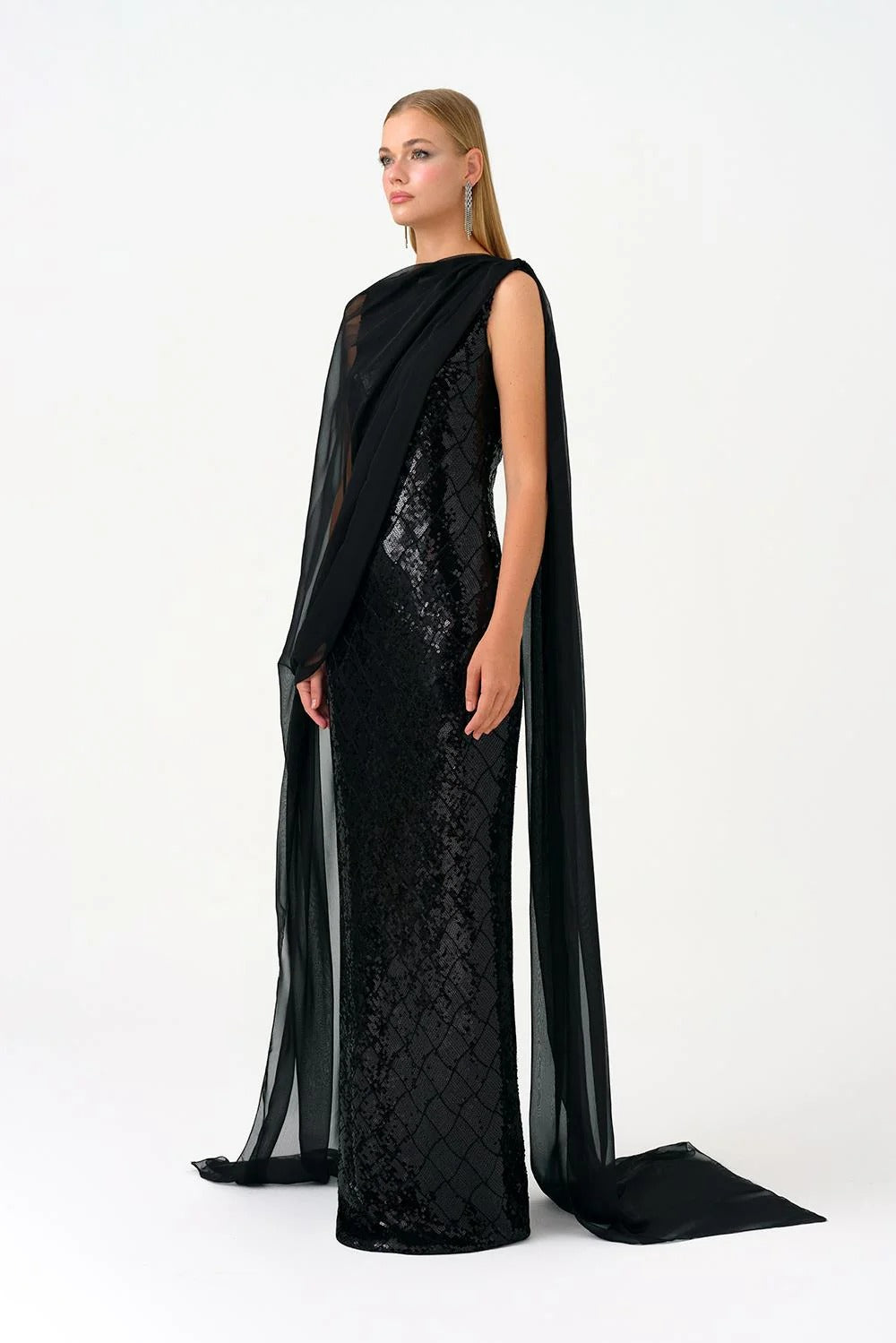 Boat Neck Long Sequin Evening Dress with Cape