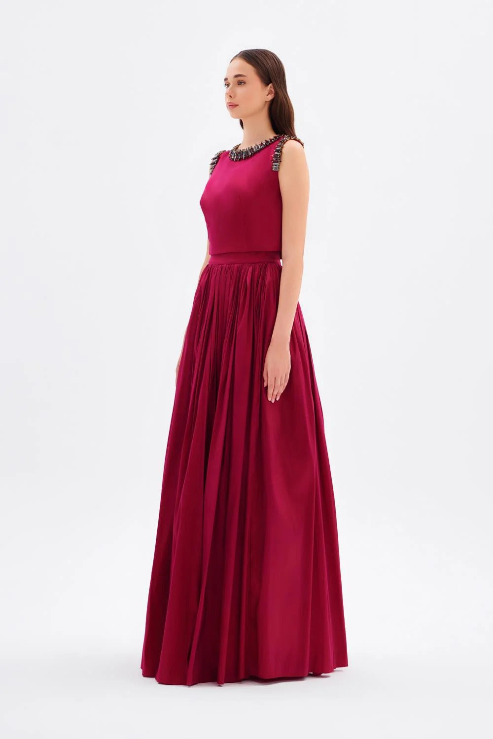 Long Taffeta Evening Dress with Embellished Details