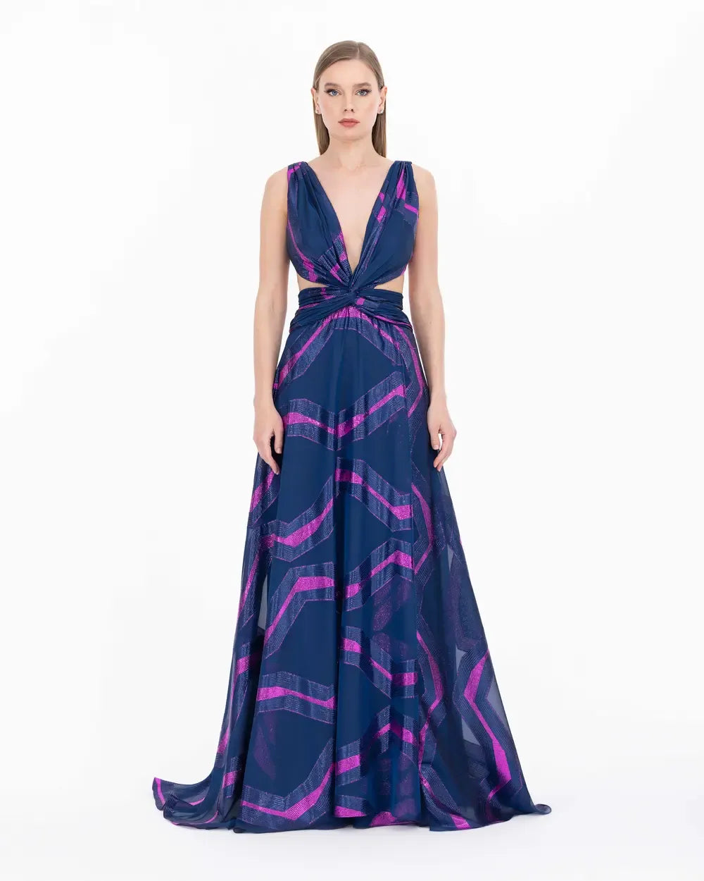 Patterned V-Neck Sleeveless Maxi Evening Dress