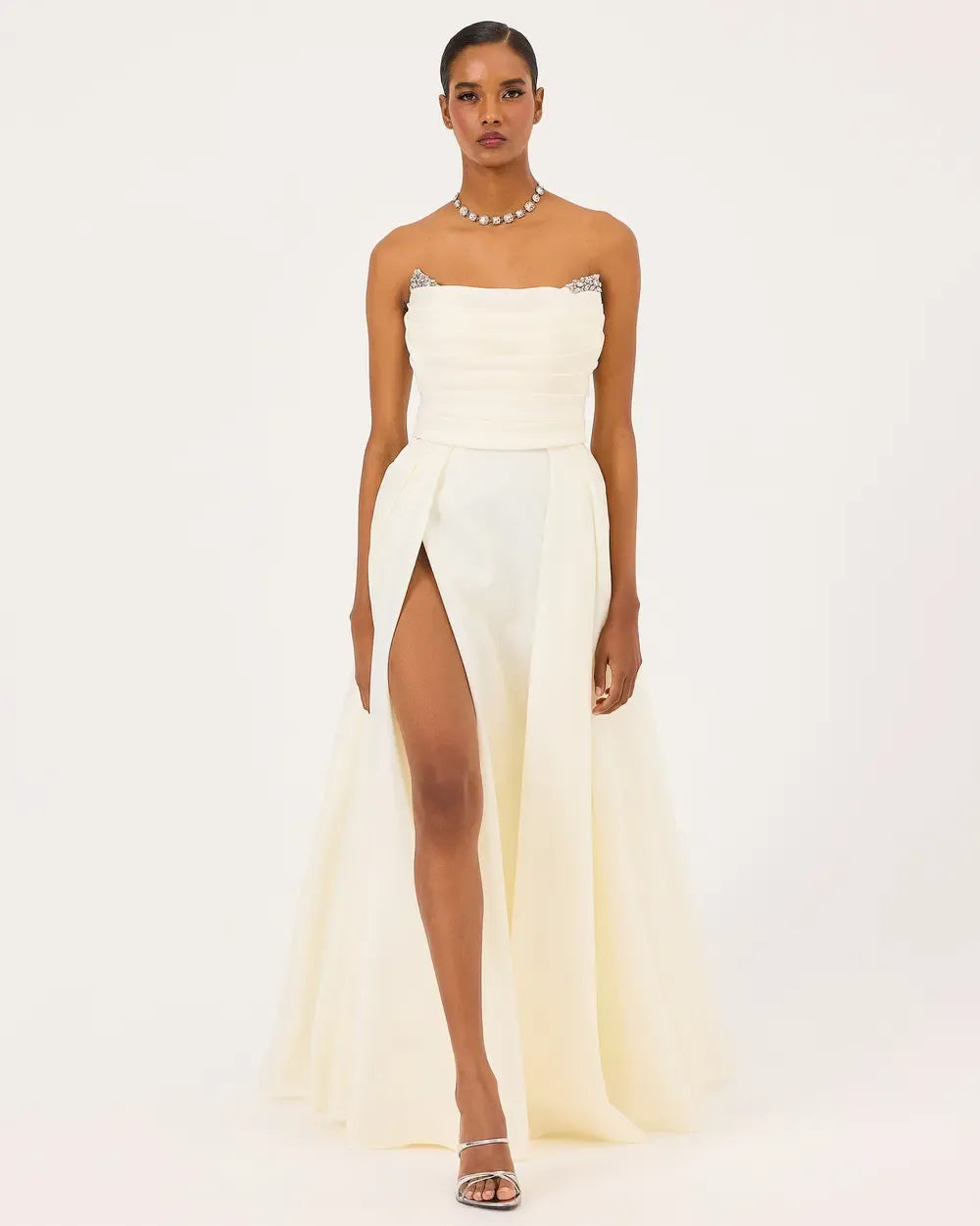 Organza Evening Dress with Bead Detail and Pleated Skirt