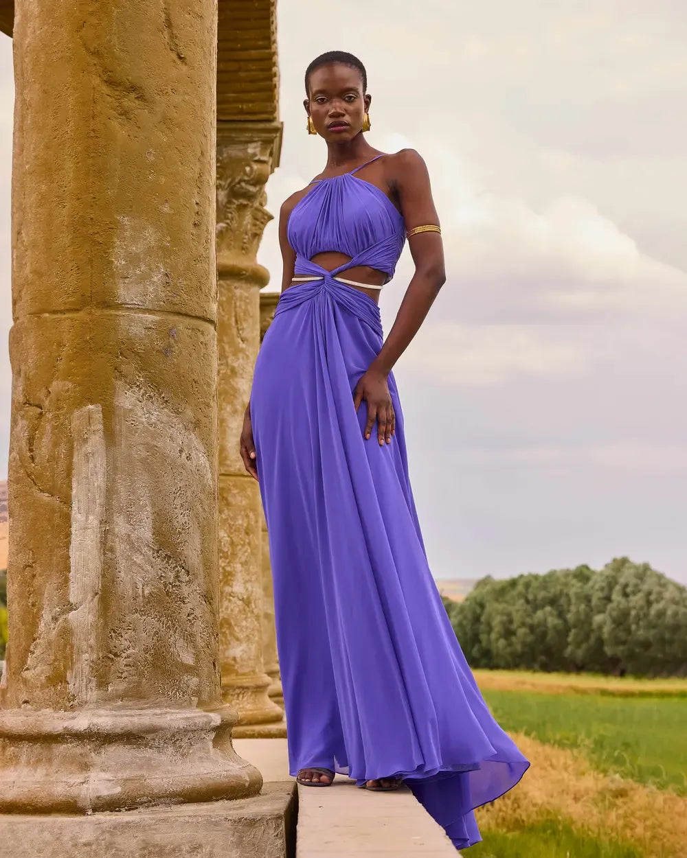 Chiffon Evening Dress with Cut-Out Detail and Bead Embroidery