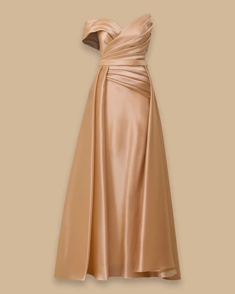 Off-Shoulder Draped Satin Evening Dress