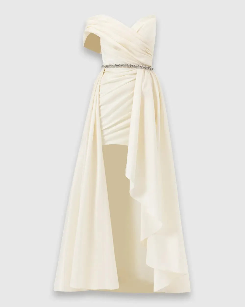V-Neck Evening Dress with Detachable Skirt and Belt