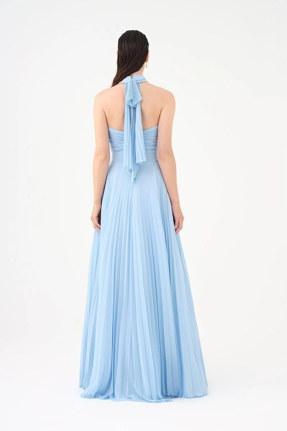 Brooch-Detail Halter Neck Pleated Long Evening Dress