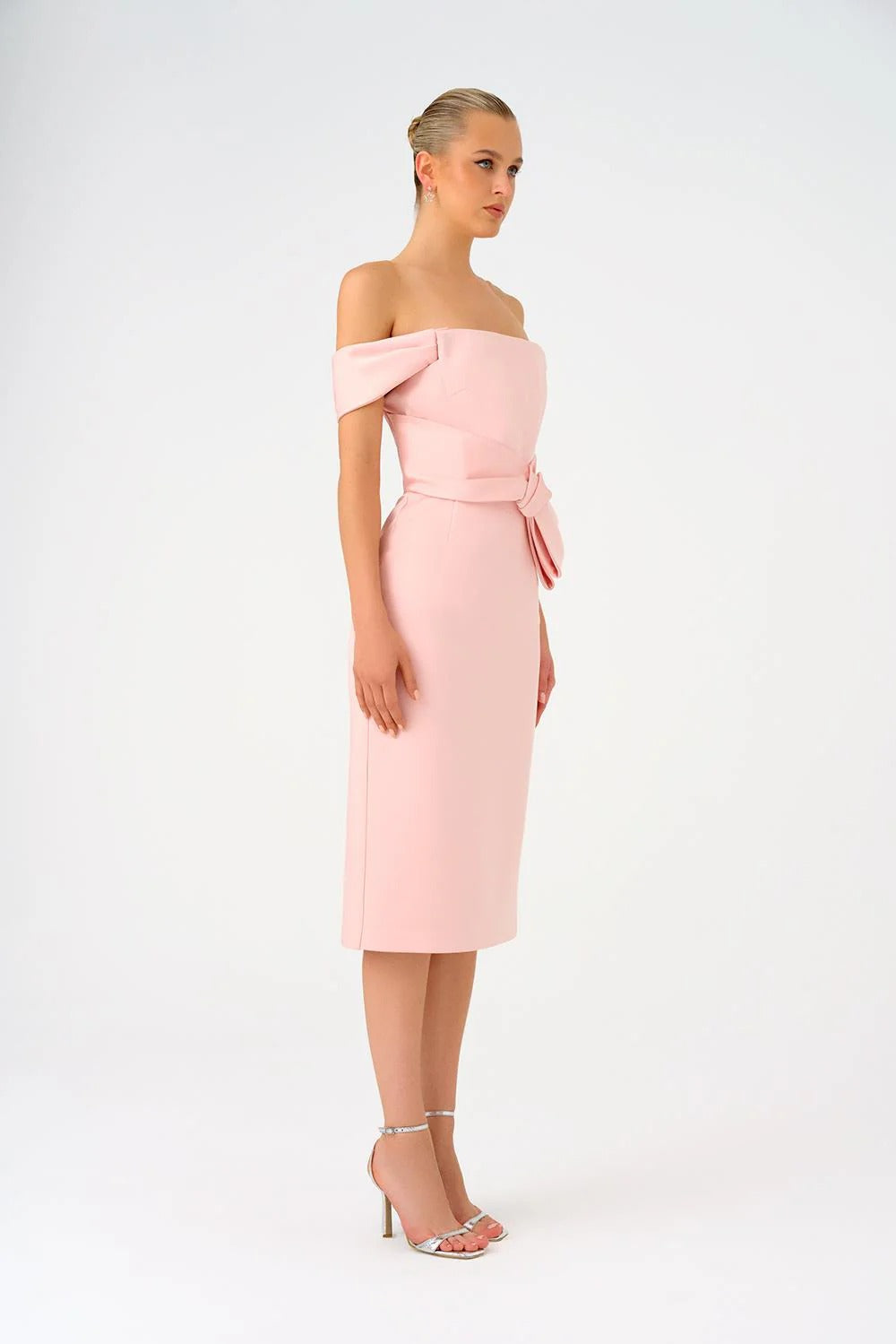 Off-Shoulder Strapless Satin Midi Dress