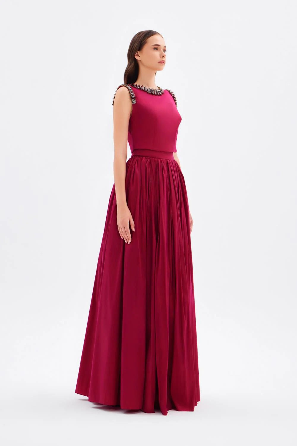 Long Taffeta Evening Dress with Embellished Details