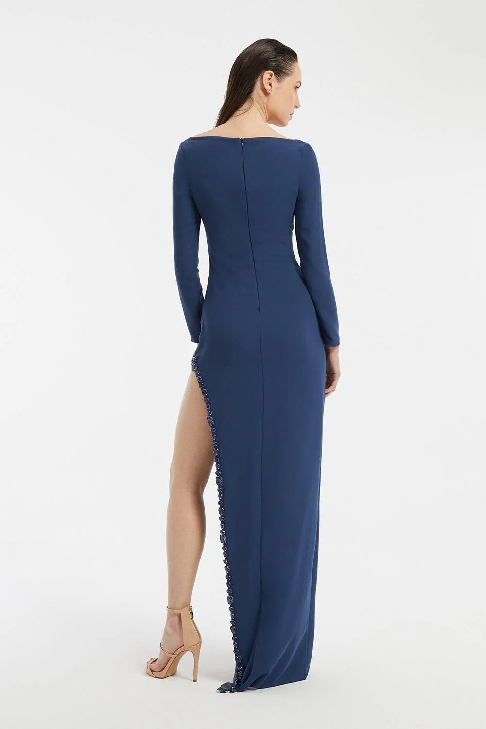 Long-Sleeve Evening Dress with Embroidered Bust & Slit