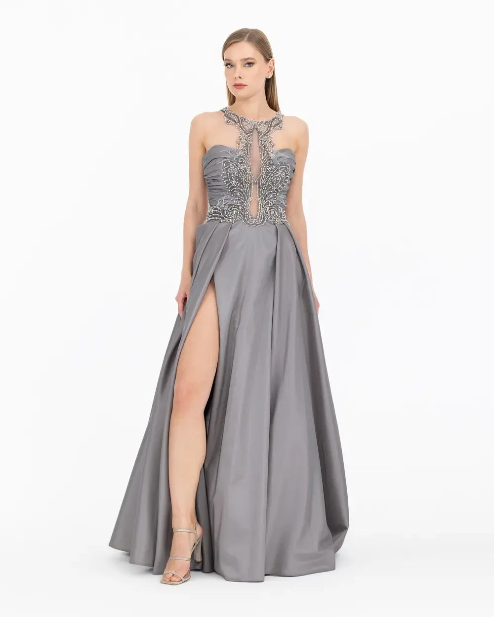 Sleeveless Maxi Evening Dress with Bead Accessories