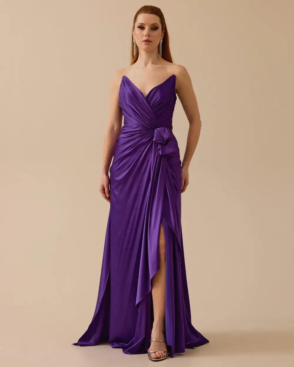 Draped Satin Maxi Evening Dress