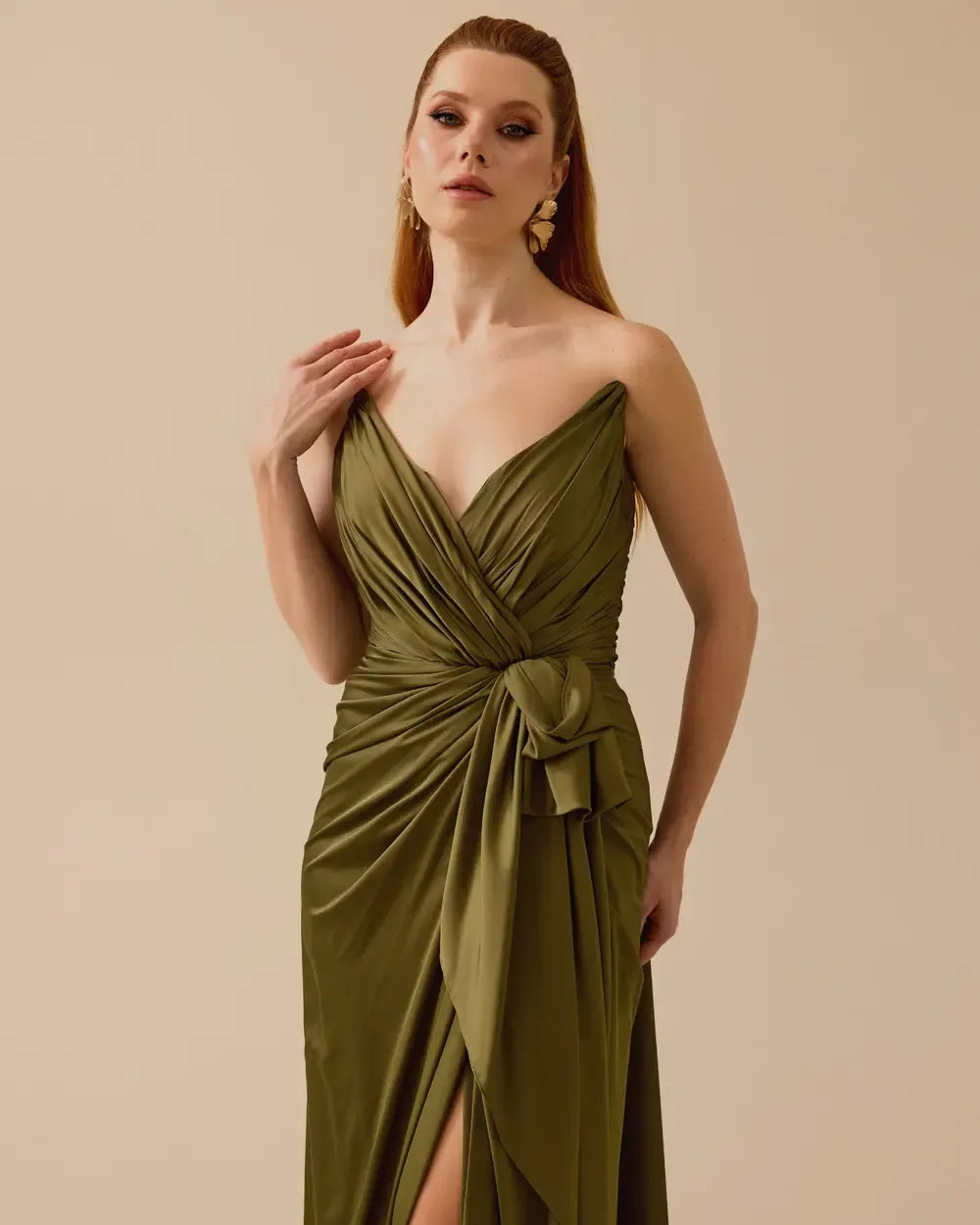 Draped Satin Maxi Evening Dress with High Slit – Khaki