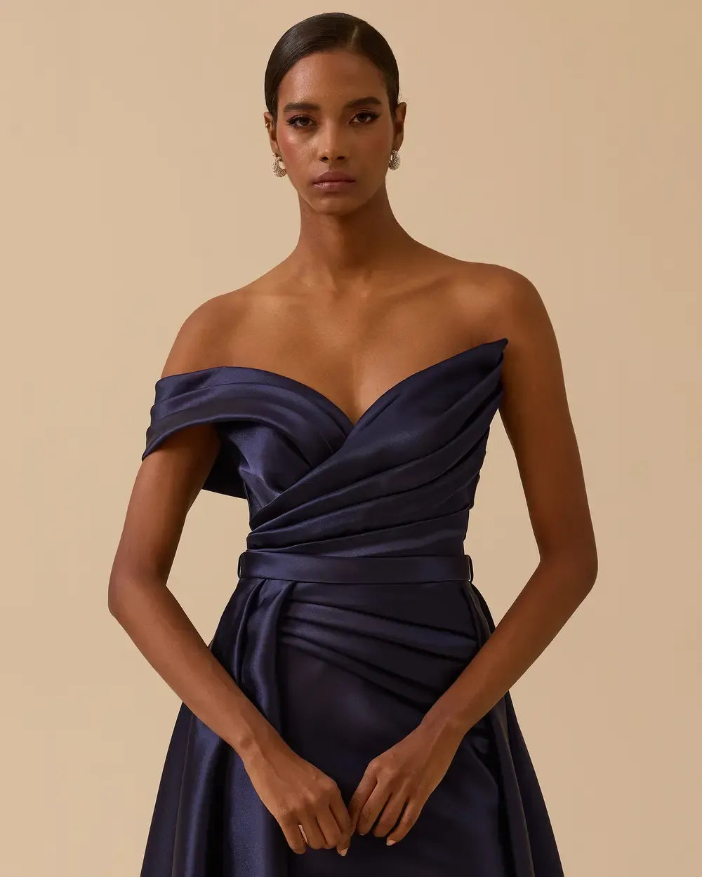 Off-Shoulder Draped Satin Evening Dress