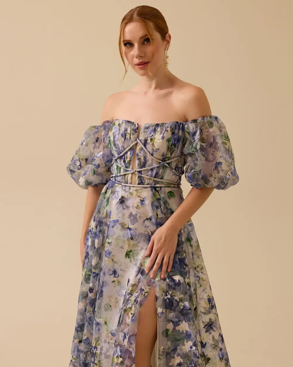 Off-Shoulder Balloon-Sleeve Slit Evening Dress