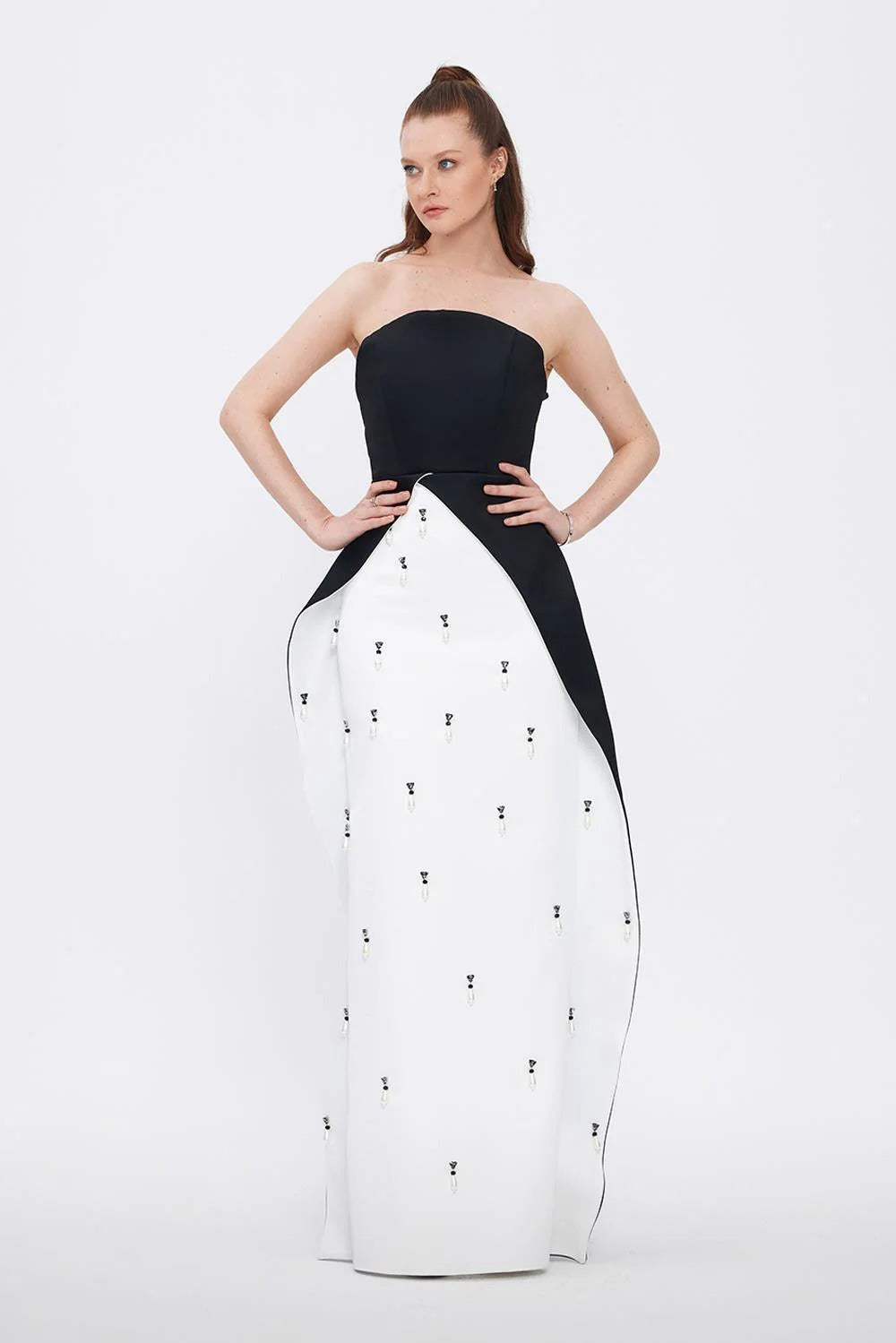 Pearl-Embellished Strapless Straight Evening Gown
