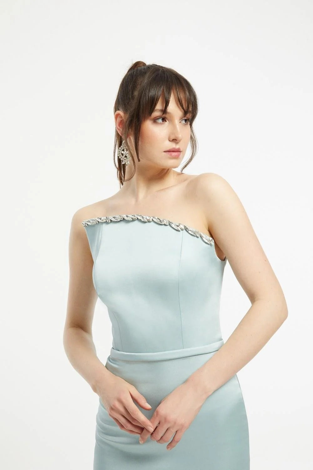 Asymmetric Strapless Midi Dress with Stone Embellishments