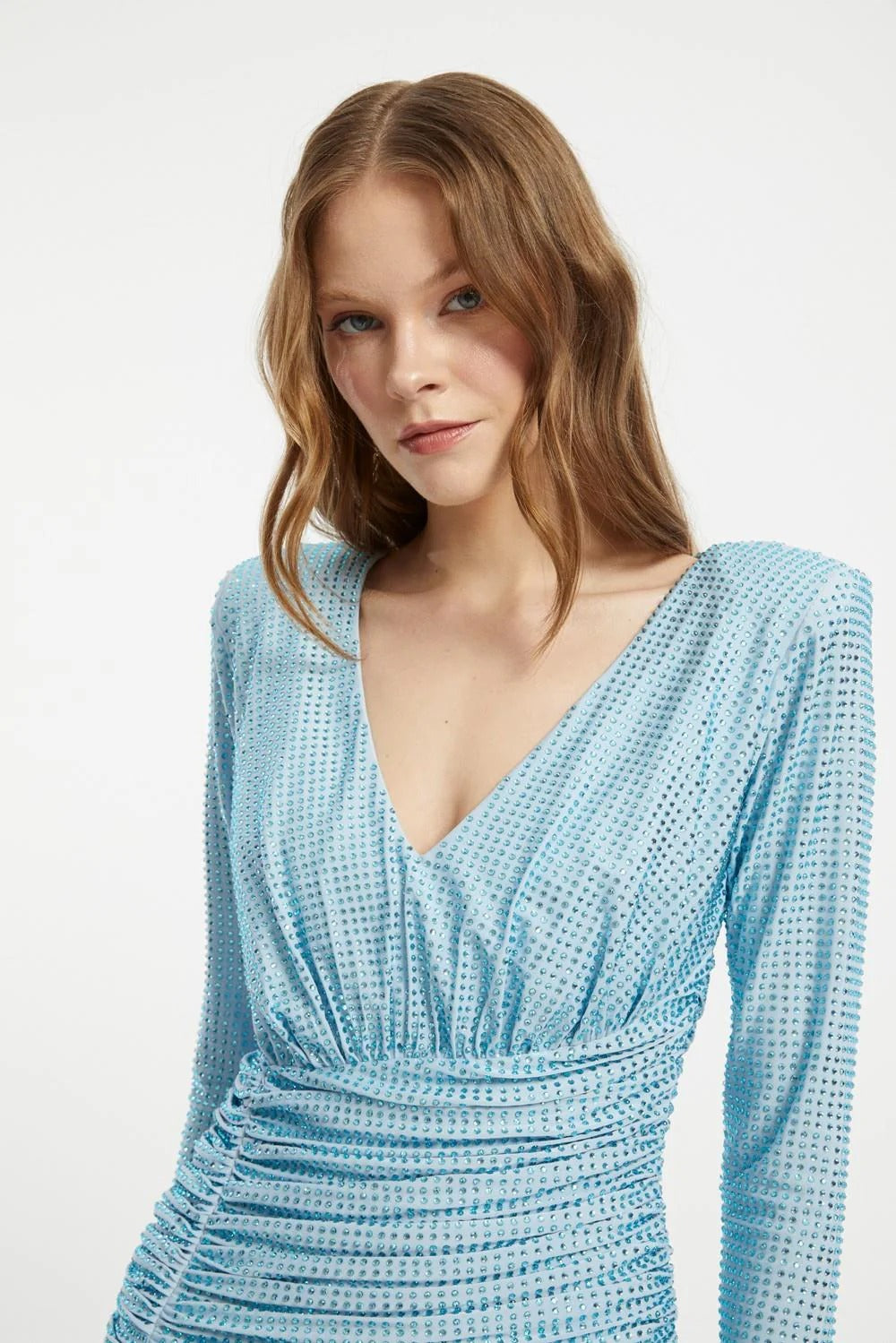 Draped Mini Evening Dress with Embellished V-Neck