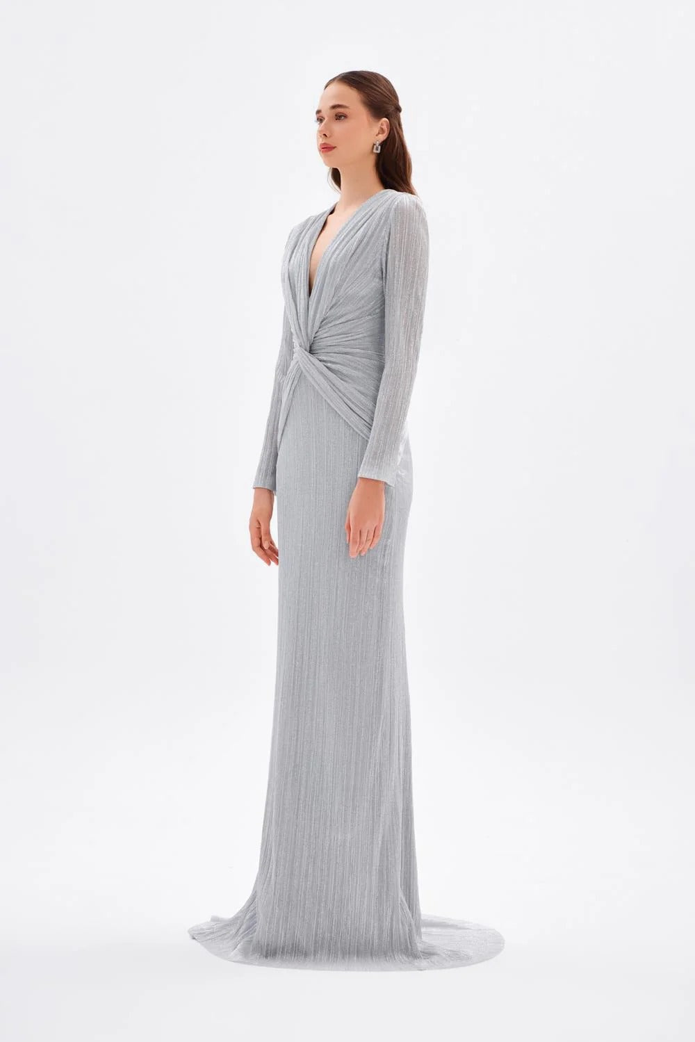 Long Glitter Evening Dress with V-Neck and Knot Detail